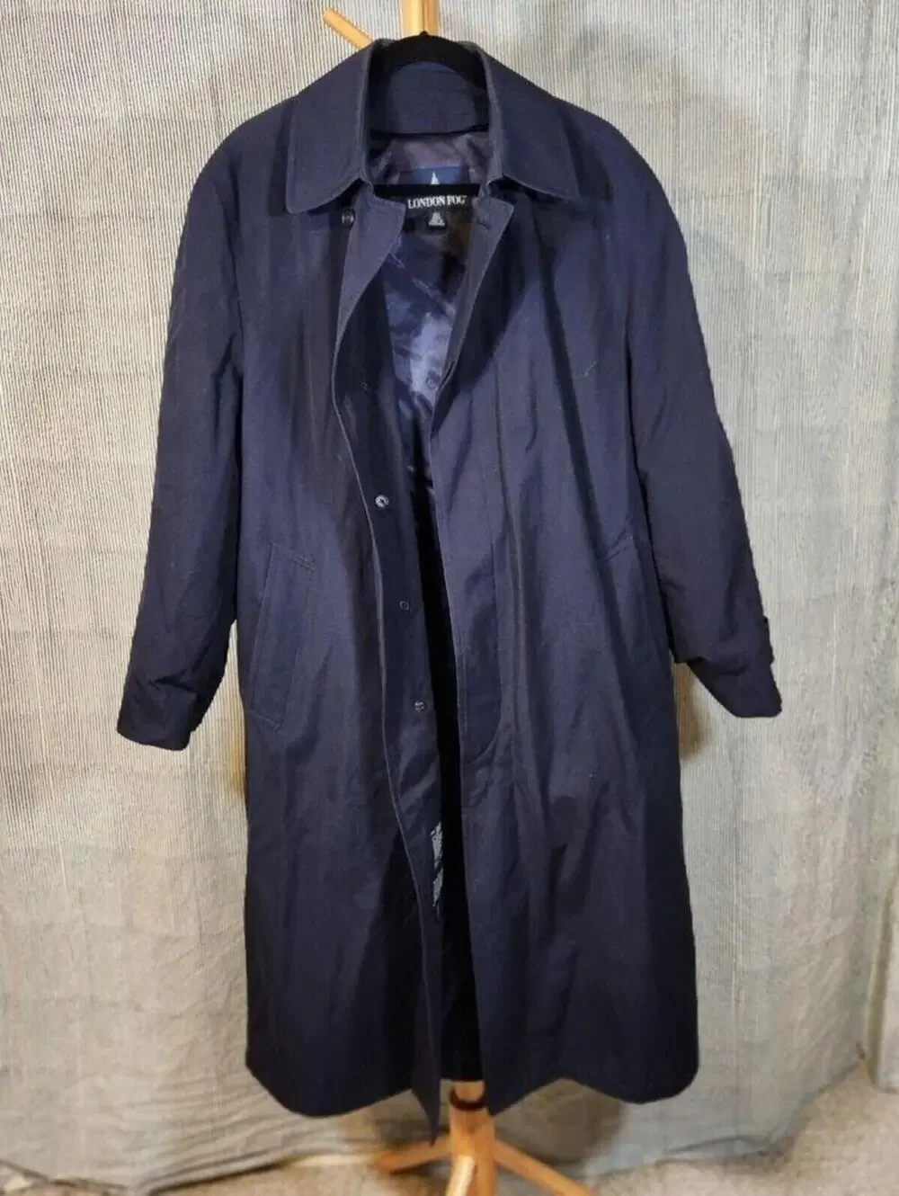 London Fog 40R $275 Navy Rain Trench Coat Cotton Blend Overcoat Vintage 90s 80s